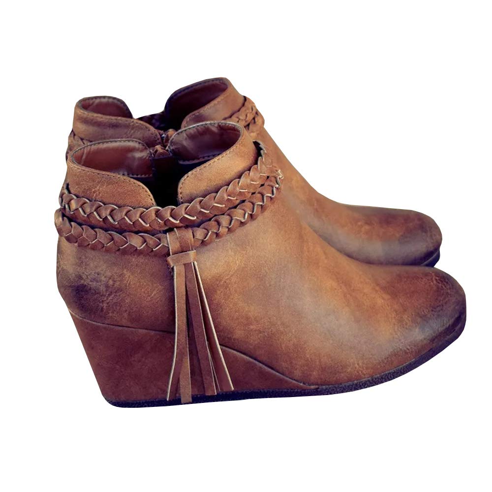 Womens Wedge Ankle Boots Braided Fringe Strap Western Heeled Winter Booties Shoes (1-brown, numeric_7)