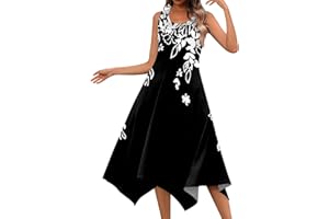 FONMA Summer Spring Dress for Women Casual Fashion Round Neck Sleeveless Dress Printed Slim Fit Irregular Midi Dress