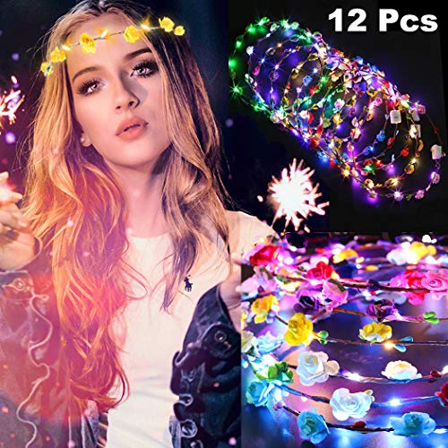 LED Flower Crowns Headband, JUSTDOLIFE 12 Pack LED Flower Wreaths with 10 LED Light Up Luminous Flower Headdress for Girls Women Bar Party Birthday Wedding Holiday