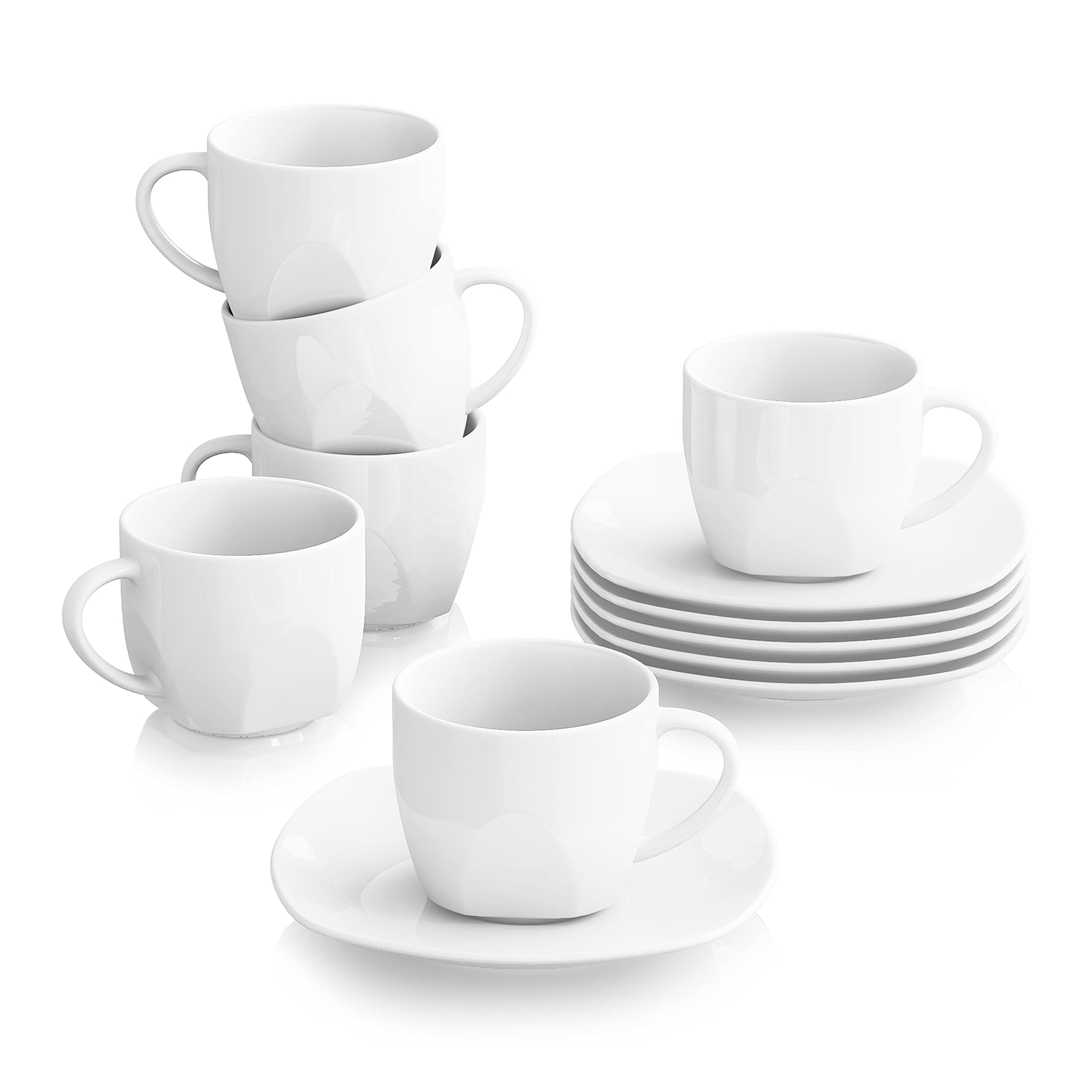 MALACASA Elisa 200ml Ceramic Coffee Cup and Saucer Set for 6, Ivory White Small Espresso Cappuccino Afternoon Tea Cups