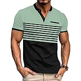 QOSOQ Mens T-Shirts Short Sleeve Button Casual Stylish Basic Tees Work Striped Shirts Henley Summer Lightweight Stretch Top