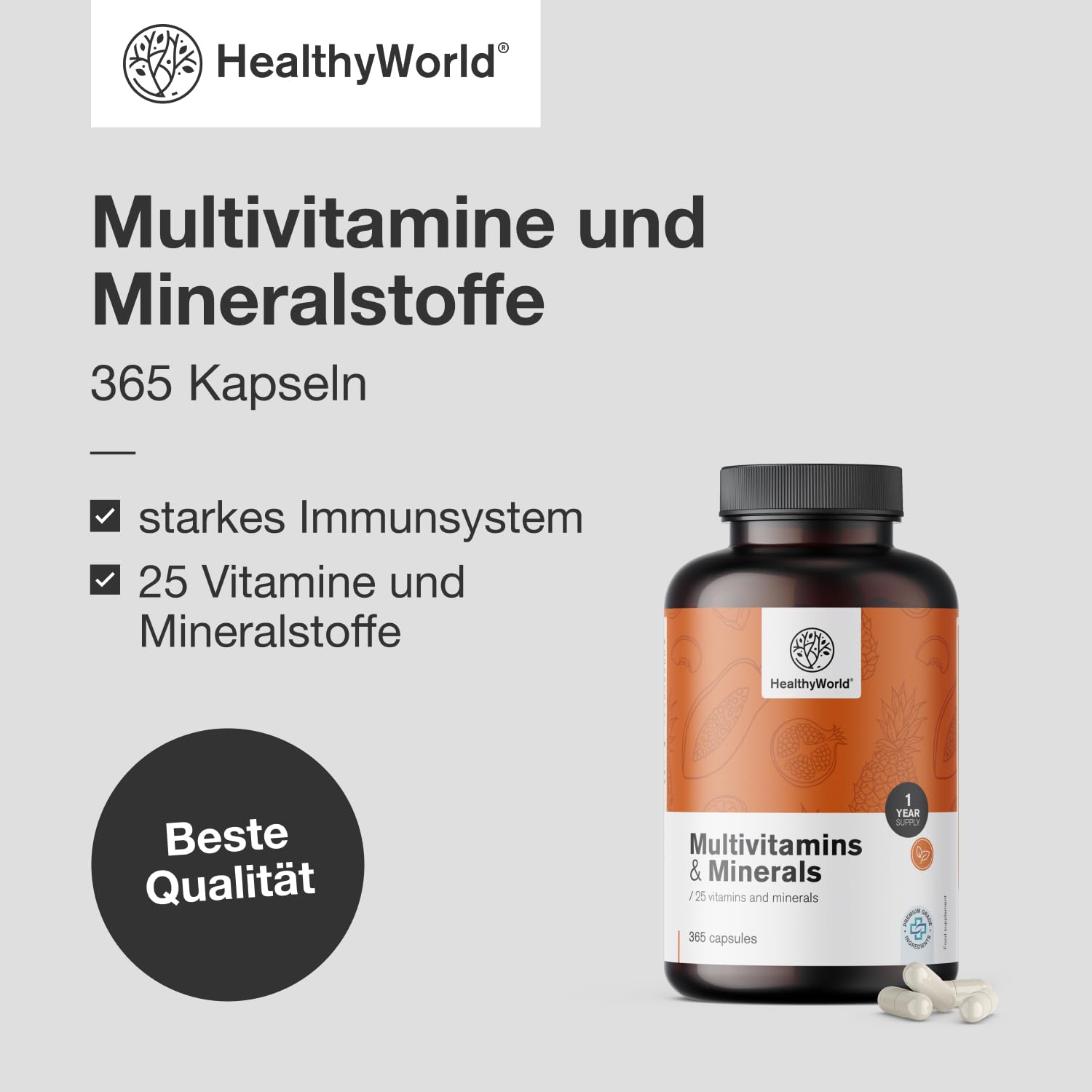 HealthyWorld Multivitamine & Mineralstoffe - 25 Vitamine & Mineralstoffe - 365 Kapseln - Jahresvorrat - Pflanzenkapseln - Immunsystem - mehr Energie- wertvolle Vitamine A-Z - Für Männer & Frauen 2