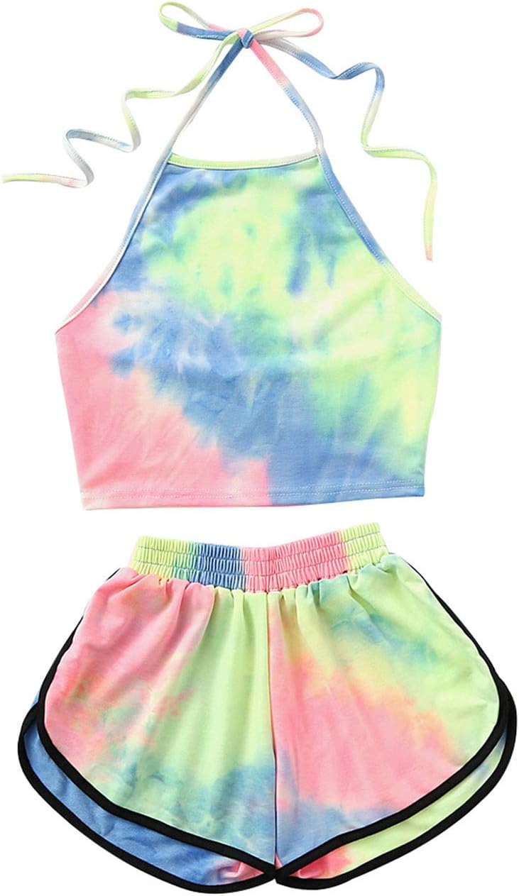 Tie-Dye Gradient Halter Crop Top and Shorts Two 2 piece set Women Summer Tank Camis Suits Holiday Outfit Tracksuit