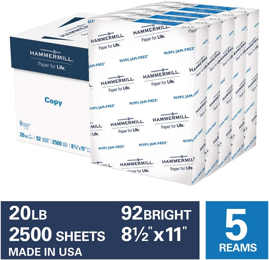 Hammermill 20lb Copy Paper, 8.5 x 11, 5 Ream Case, 2, 500 Sheets, Made in USA, Sustainably Sourced From American Family Tree Farms, 92 Bright, Acid Free, Economical Multipurpose Printer Paper, 113600C : Industrial & Scientific