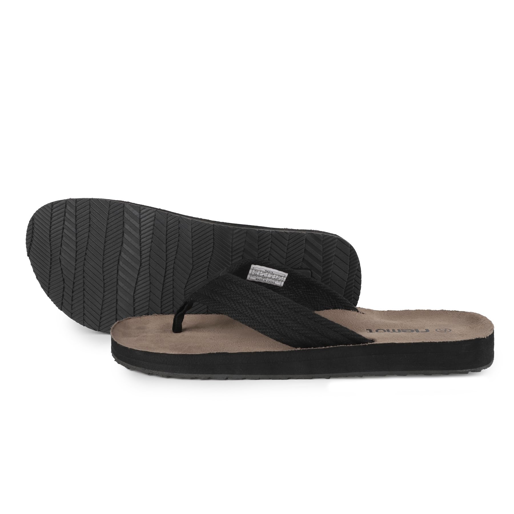 riemot Herren Flip Flops mit Fußgewölbeunterstützung, bequeme Zehentrenner mit starkem Nylonriemen, weichem Mikrovelours-Fußbett und TPR-Laufsohle für Strand, Urlaub, Sommer und Alltag Schwarz EU43 7