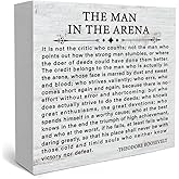 Inspirational Quote the Man in the Arena Wood Box Sign, Motivational Office Gifts for Men Coworker Employee Friend, Motivational Office Wall Art Rustic Wooden Sign for Desk Shelf Table Decor