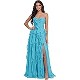 zoteno Chiffon Prom Dresses 2026 for Women with Bow Ruffles Sweetheart Neck Pleated A-Line Long Formal Gowns with Slit