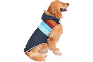HDE Dog Puffer Jacket Fleece Lined Warm Dog Parka Winter Coat with Harness Hole Navy Retro Stripe - L