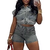 Molilove Women's Denim 2 Piece Outfits Button Down Crop Jacket and Shorts Set Summer Sexy Jeans Tracksuits