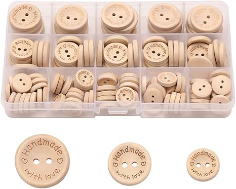 Amazon Kingsie ウッドボタン 140個セット 15mm mm 25mm 2穴 木製ボタン 丸型 Handmade With Love かわいい 手芸 縫製 クラフト 手芸材料 ケース付き ボタン 通販