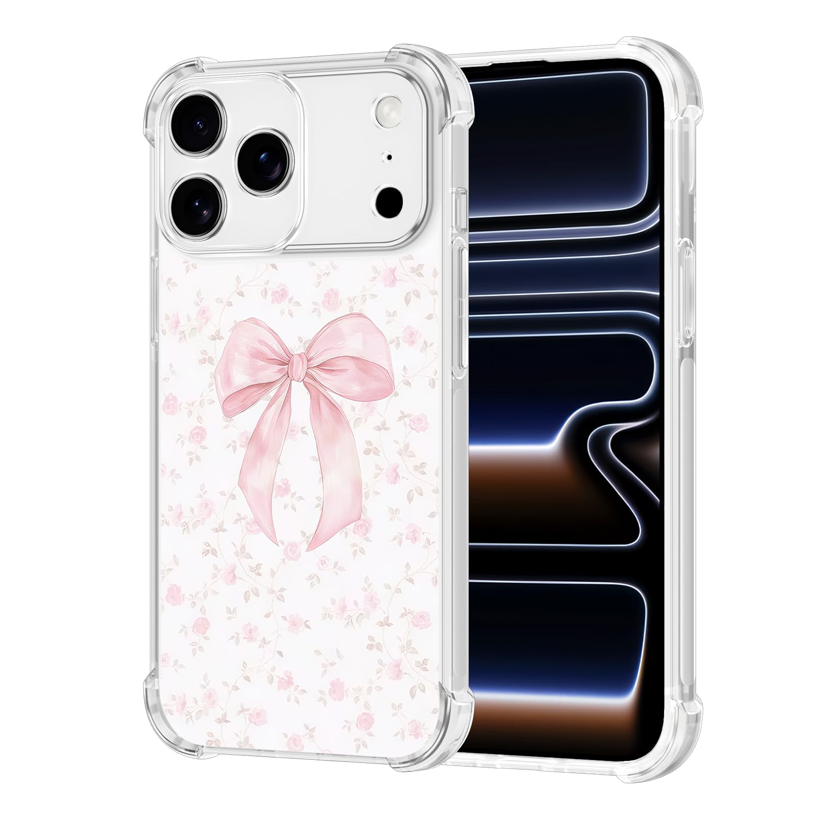 Vulfwela for iPhone 17 Pro Max 6.9'' Pink Bow Floral Case,Cute Aesthetic Rosy Girly Flower Pattern Clear Phone Case for Women Girls,Anti-Yellowing Anti-Fall Shockproof Full Body Protective Phone Cover
