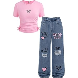 HSOXLQF Toddler Kids Girls Clothes Short Sleeve Top + Straight Leg Jeans 2PCS Summer & Fall Casual Outfits Set for Size 4-8T