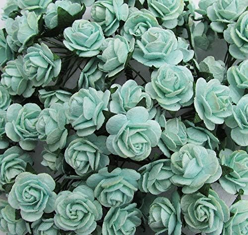 100 Mint Green Color 10 mm Artificial Mulberry Paper Mini Rose Flower Wedding Scrapbook DIY Craft Scrapbook Bouquet Craft Stem Handmade Rose Valentines Anniversary Embellishment Mini Paper Flowers