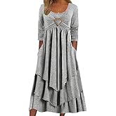 Akivide Womens Fall Dresses for Wedding Guest, Casual Plus Size Cute Heart Long Sleeve Tiered Maxi Dress with Pockets