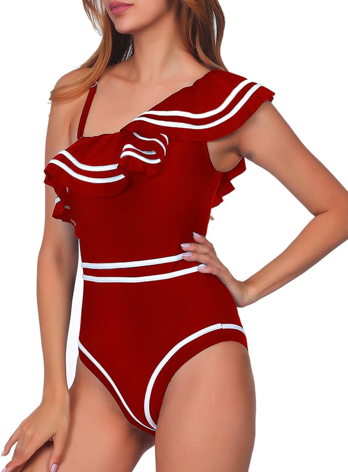 Women One Piece Nave Vintage Swimsuits One Shoulder Ruched Flounce High Waisted Swimwear Nautical Monokini