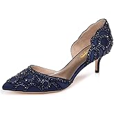 XYD Women's Pumps, Elegant Pointed Toe, D'Orsay Kitten Low Heels, Rhinestone Studs, Slip-On Satin Shoes for Wedding