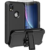 Designed for iPhone XR Case [3 in 1 Full Body Protection] Belt-Clip Kickstand Holster with 2 Screen Protector, Rugged Heavy Duty Military Grade Cover, Shockproof/Drop 6.1 inch Phone Case(Black)