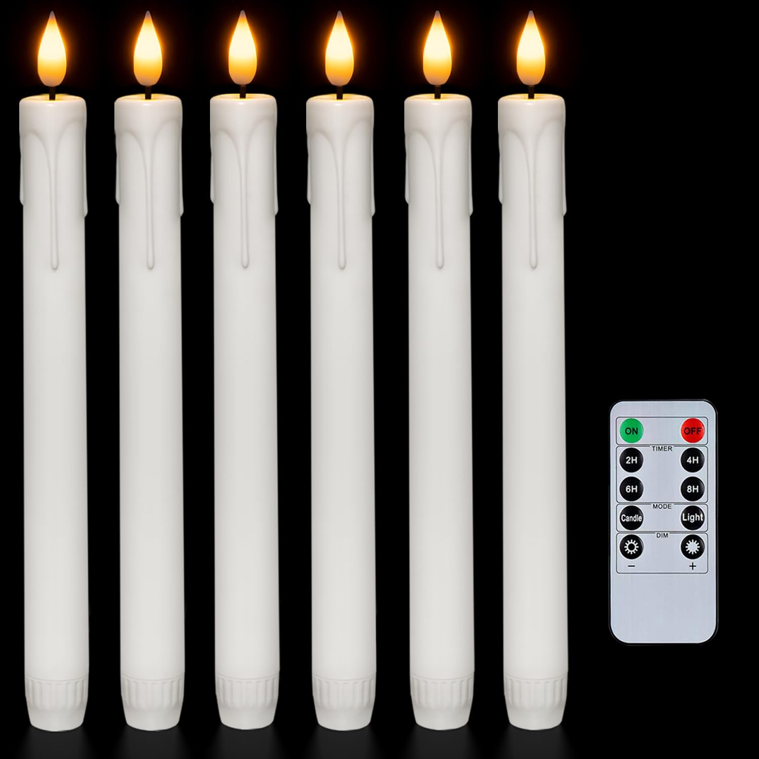Photo 1 of Homemory 6 Pcs Flameless Taper Candles with Remote, Timer, Dimmer, 9.6 Inches Plastic White Led CandleSticks with Flickering Light, Battery Operated Window Candles for Halloween Christmas Decoration