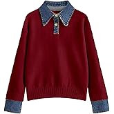 hathne Women's Oversized Polo Sweater Button Up Denim Lapel Pullover Sweater Long Sleeve Collared Knit Top
