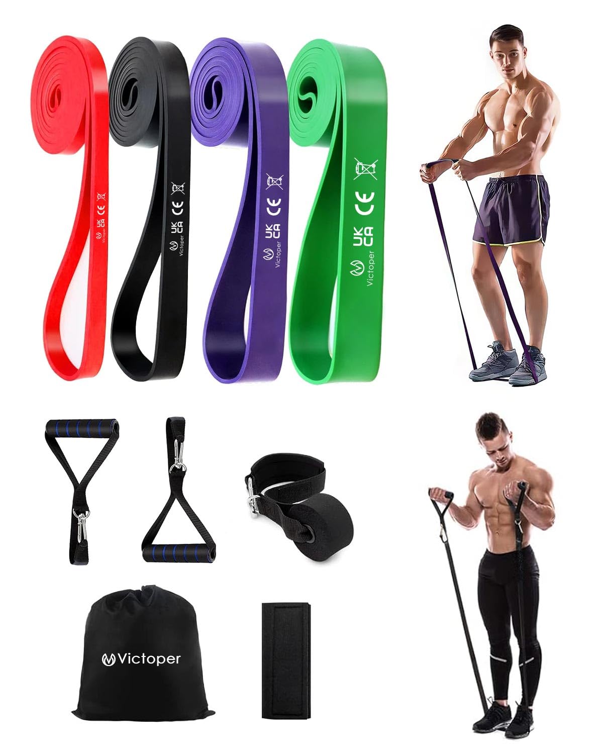 Victoper Resistance Bands Set of 4, Multi-Accessories Resistance Pull Up Bands,Door Anchors,Handles,Shoulder Strap,Exercise Band Auxiliary Strength Training Pilates Training Therapy Stretching Yoga