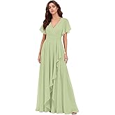 UMLXYER Chiffon V-Neck Bridesmaid Dresses for Women Flutter Sleeves A Line Long Formal Evening Party Gown with Slit