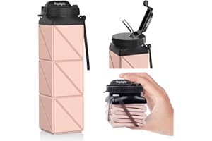 Popdigito Collapsible Water Bottles 20.6oz Foldable Water Bottle BPA Free Reusable Lightweight LeakProof Travel Silicone Water Bottles for Travel Gym Hiking Camping (Upgrade Light Pink)