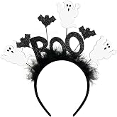 Dkomekii Halloween Ghost Boo Headband with Feathers Bats for Halloween | Spooky Ghosts Headwear for Adult Costume Accessory, Halloween Themed Events Party or Cosplay, and Trick or Treat