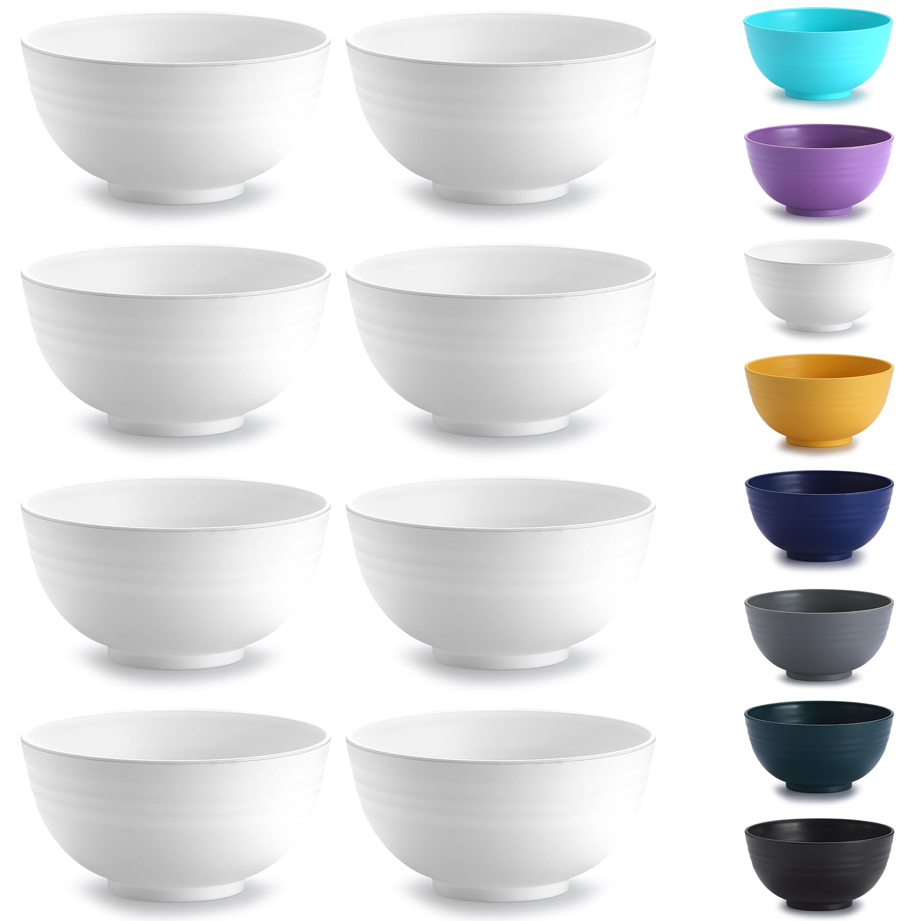 Kyraton Plastic Cereal Bowls 8 Pieces, Unbreakable and Reusable Light Weight Bowl for Rice Noodle Soup Snack Salad Fruit, Dishwasher Safe