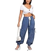 Baczoe Denim Joggers for Women High Waist Drawstring Loose Wide Leg Oversize Pants with Tie Bow Pockets