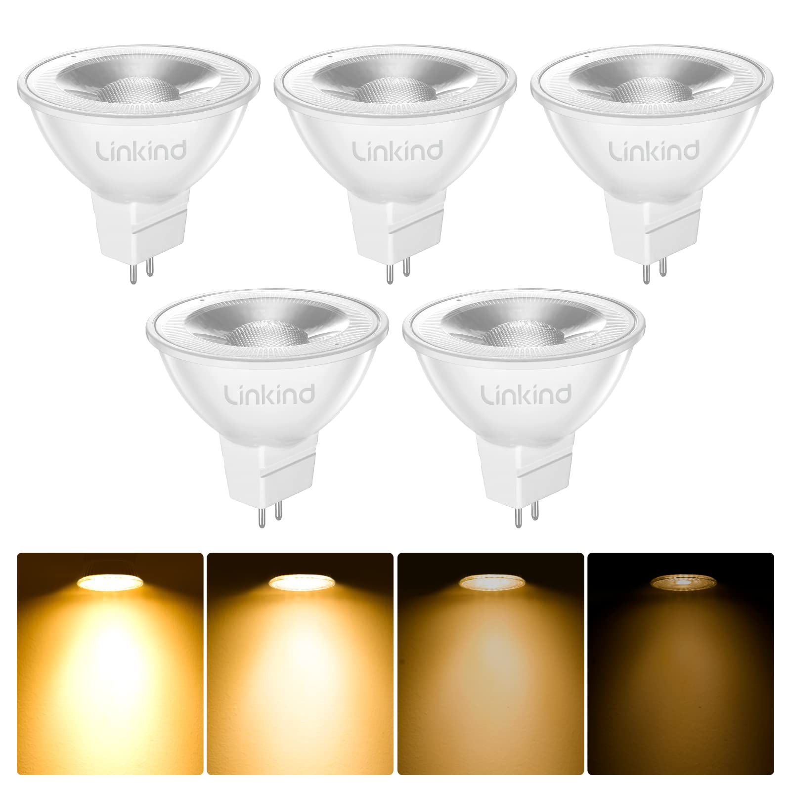 Linkind MR16 LED Bulbs, Dimmable GU5.3 Light Bulb, 12 Volt Spotlights Ceiling Lights, 2 Pin, 5.5W Equivalent to 50W Halogen, Warm White 2700K, 465LM, 5 Pack