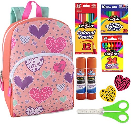 Back to School Hearts Peach Backpack for girls and boys - 55 Count School Supplies Bundle.