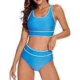 Zaverse Womens High Waisted Bikini Sets Sporty Color Block Trim 2 Piece Swimsuits Cheeky High Cut Bathing Suits
