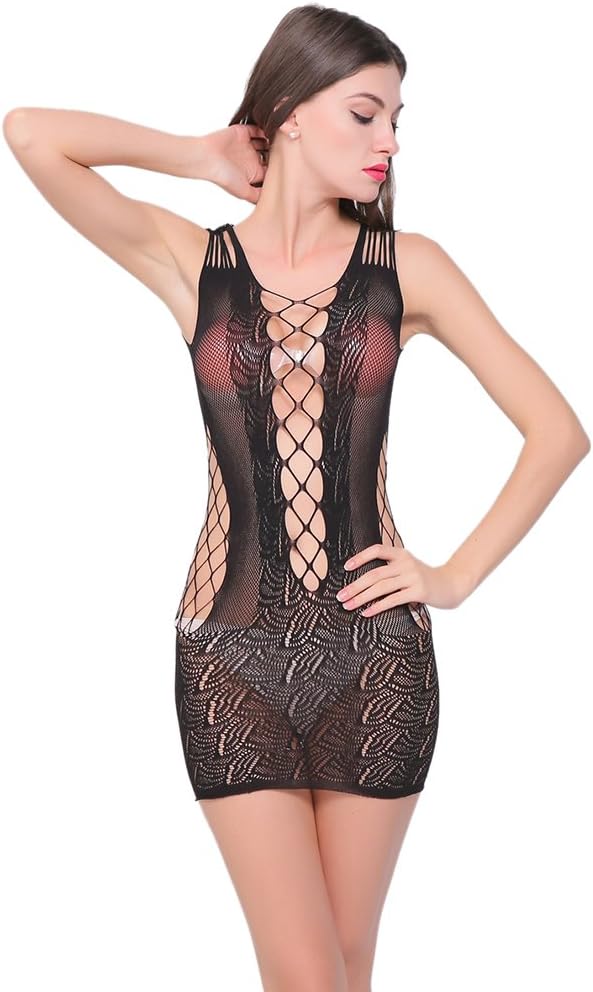 SUNNORN Women's Sexy Hollow-Out Babydoll Fishnet Erotic Lingerie Mini Chemise Dress