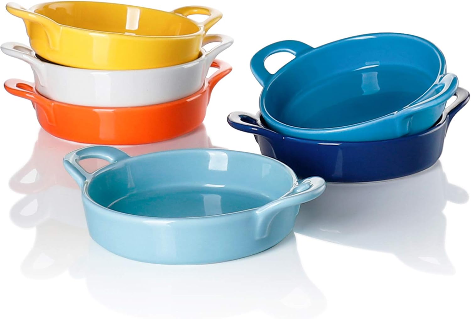 Sweese 507.002 Porcelain Ramekins, 5 Ounce Ramekins for Baking, Round Creme Brulee Dish with Double Handle, Set of 6 - Hot Assorted Color