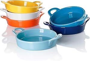 Sweese 507.002 Porcelain Ramekins, 5 Ounce Ramekins for Baking, Round Creme Brulee Dish with Double Handle, Set of 6 - Hot Assorted Color