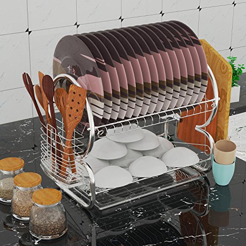 Meflying 2-Tier Dish Rack, Stainless Steel Dish Rack Drain Board Drainer Dryer Tray Holder For Glass Cup Home Kitchen - Thumbnail 2