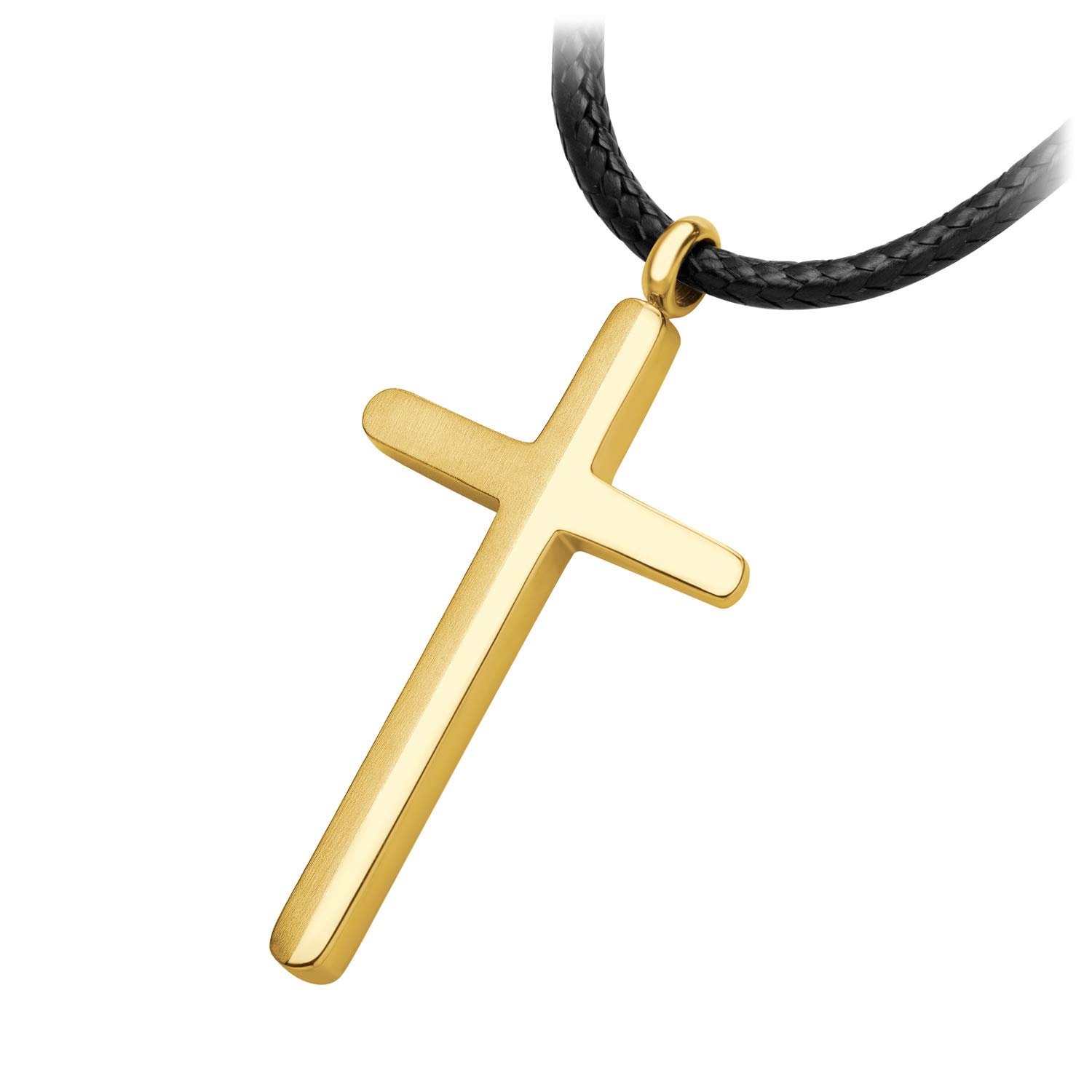 555Jewelry Stainless Steel Cross Necklace for Men - Mens Cross Necklaces with 18 to 24 Inches Waterproof Adjustable Black Leather Rope (Gold)