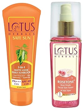 Lotus Herbals Safe Sun 3-In-1 Matte Look Daily Sunblock SPF-40, 50g & Herbals Rosetone Rose Petals Facial Skin Toner, 100ml Combo