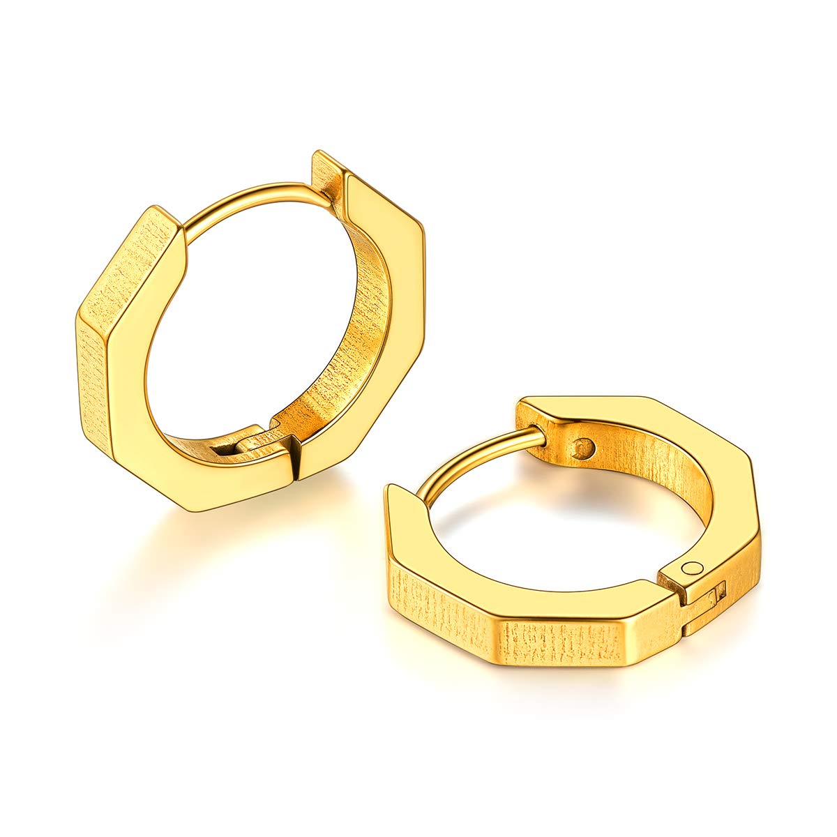 FOCALOOK Mens Gold Huggie Earrings 18mm Stainless Steel Gold Plated Piercing Octagonal Hinged Hoop Earrings
