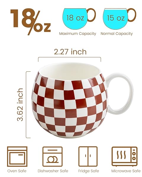 LAUCHUH PORCELAIN COFFEE MUGS – 18 OUNCE LARGE MUG SET OF 6 COFFEE CUPS WITH HANDLE FOR MOTHER’S DAY, TEA LATTE CAPPUCCINO MILK COCOA, DISHWASHER & MICROWAVE SAFE, BROWN AND WHITE