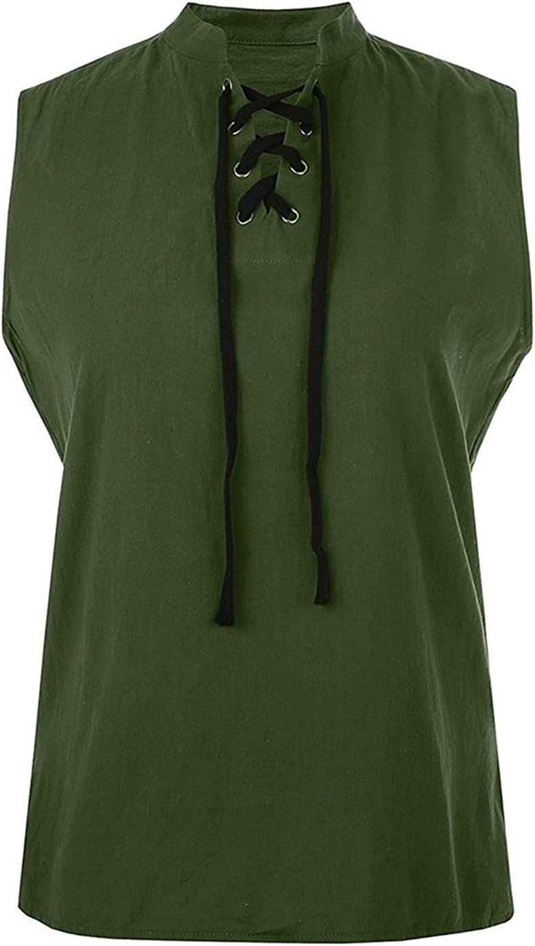 Enjoybuy Mens Pirate Shirt Medieval Viking Sleeveless T Shirts Lace Up Banded Collar Casual Tank Tops