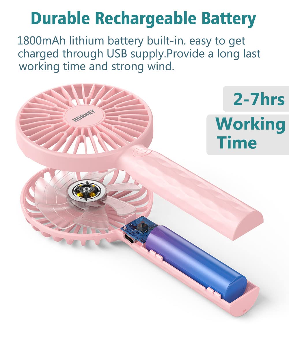 HonHey Handheld Fan, Super Mini Portable Eyelash Fan with Rechargeable Battery Operated and 3 Adjustable Speed, Personal Hand Held Fan for Girls Women Kids Outdoor Travelling Indoor Office Home (1PCS, Pink)