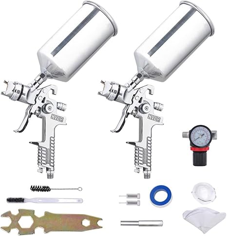 Set of 2 Silver Gravity Feed Paint Sprayer Gun for Auto: HVLP Gun Kit