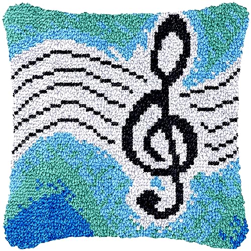 Blue Music Note Latch Hook Kits Pillow Cover DIY Rug Making Crochet Hook Cushion Making Kits with Preprinted Pattern Canvas DIY Needlework Crochet Kits Sofa Decor 43x43cm