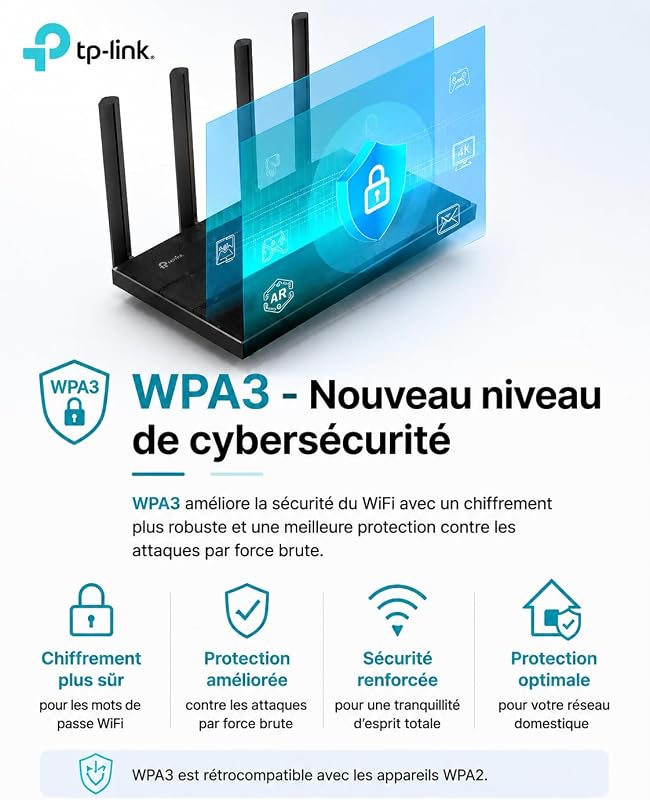 Archer AX18 Routeur WiFi 6 AX1500 Mbps, 1.5 Gbit/s bi-Bande, 4 Ports Gigabit, 4 antennes à Haute Performance, WPA3, EasyMesh, VPN, Mode Point d’Accès, Compatible Toutes Box Internet