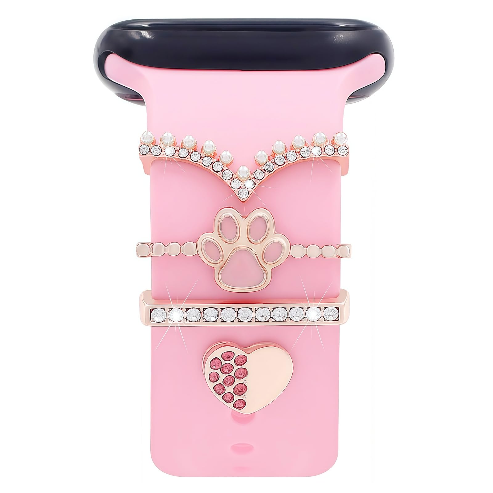 Watch Band Charms Set, Decorative Ring Loops Charms Compatible with Silicone Apple Watch Band 38 40 41 42 44 45 49mm, Chic Elegant Paw Diamond Wristband Accessories for iWatch Series Ultra 11 10 9 8 7 6 5 4 3 2 1(No Band)