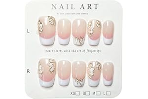 UNIYVOH Short Coffin Press on Nails Handmade False Nails with Designs, 3D Hand-painted Reusable Fake Nails Stick on Nail (White French Tip, M)