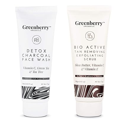 Greenberry Organics Anti - Pollution & Tan Removal Face Wash & Scrub Combo for All Skin Types, Brightening & Anti-Acne, 120 ML X 2 Tubes