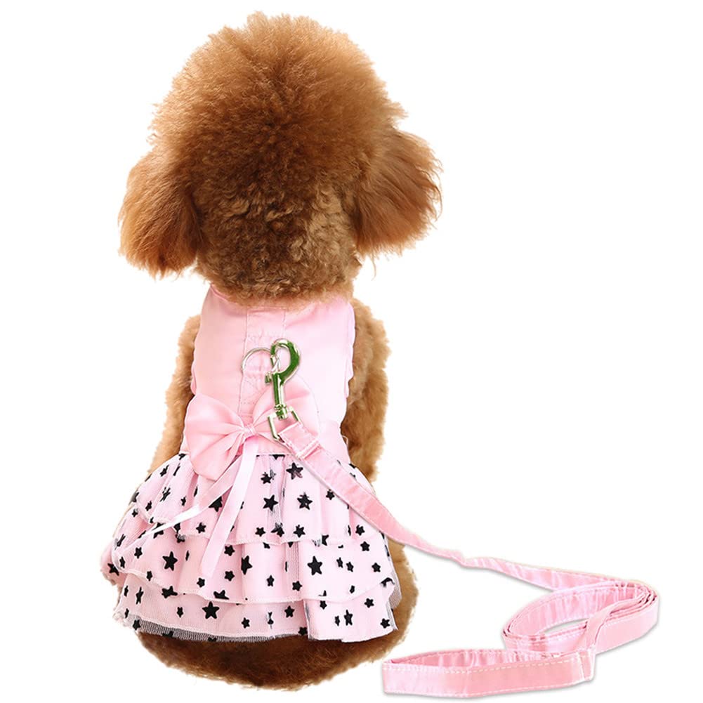 Hdwk&Hped Small Dog Harness Dress with Leash, Pentagram Bow Multi-Layer Princess Style Pet Walking Dress Set for Small Dog Cat Puppy Pink #4