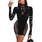 AVZXSA Women's 2025 Sexy Club Mini Dress Lace Babydoll High Neck Long Sleeve Cutout Short Bodycon Dresses